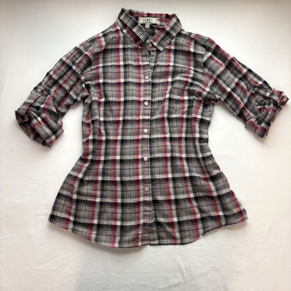 Vintage Y2K lei Plaid Button-up Top Cinch Waist Collar 100% Cotton XL